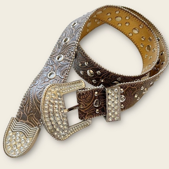 KATHY Van Zeeland Studded Belt Y2K Glam Cowgirl Western Rhinestones Leather S main image 6